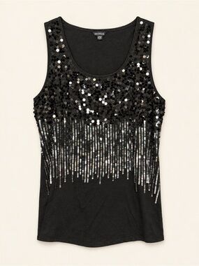 George Women's Black Sequin Fringe Tank Top - 2X
